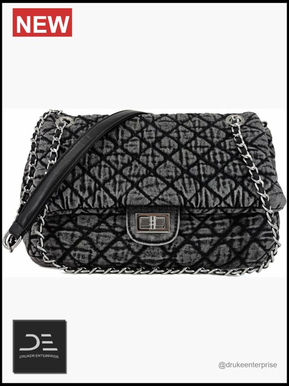 Quilted Denim Hobo Bag with Chain Straps Crossbody Shoulder Tote